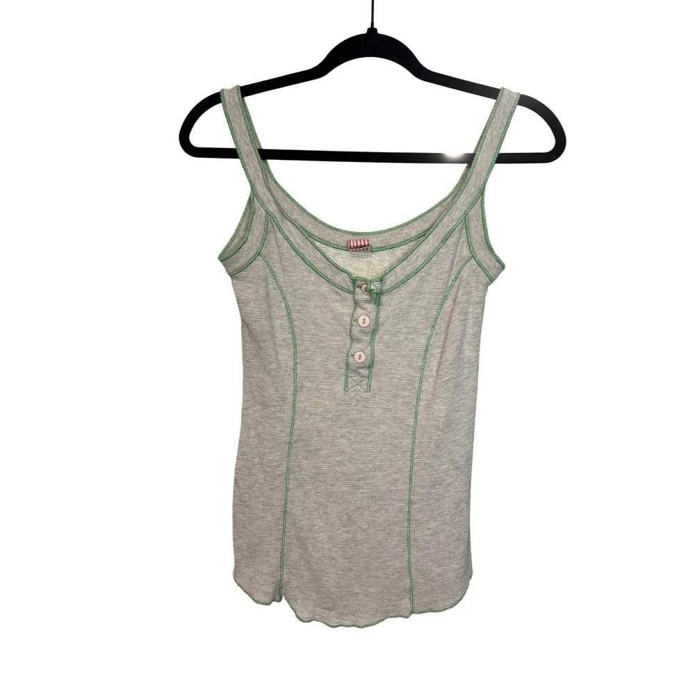 Free People Gray Waffle Knit Henley Tank Top Green Contrast Stitch Small